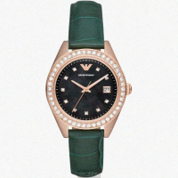 【EMPORIO ARMANI】ARMANI阿曼尼女錶型號AR00027(墨綠色錶面玫瑰金錶殼綠色真皮皮革錶帶款)