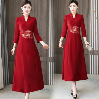 婚禮媽媽禮服旗袍改良版中老年女紅色連衣裙氣質高貴喜婆婆婚宴裝