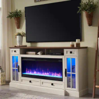 Fireplace TV Stand for 80 Inch TV, Farmhouse Entertainment Center with 42" Fireplace &amp; LED Lights, Modern Media Console Table