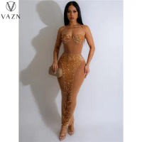 VAZN 2023 New Arrival Young Sexy Club Sequined See Through Solid Style Hotsweet Halter Off Shoulder Women Long Pencil Dress