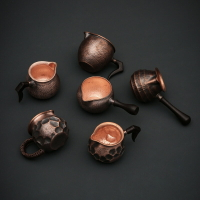 免運 茶具系列 耐熱加厚手工錘紋木側把紫銅公道杯純銅側把公杯分茶器倒茶器茶具