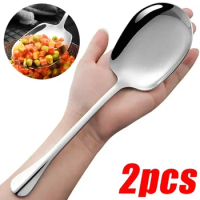 2/1Pcs Large Stainless Steel Spoon Long Handle Spoons Kitchen Cutlery Rice Dumpling Porridge Soup Scoops Restaurant Tableware