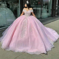 Pink Shiny Quinceanera Dress Off The Shoulder Mexican Vestidos De 15 Princess Sweet 16 Birthday XV Ball Gown Cinderella dress