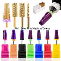 1 Tungsten Carbide Grinding Gold 5in1 Plated Head Electric Nail Drill Bits Machine Pedicure Polishing Buffer File Cleaning Brush