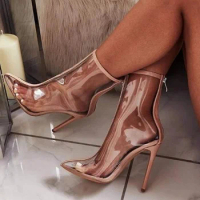Nude Zip Transparent Jelly Shoes Pointed Toe Clear PVC Stiletto Heel Ankle Boots Spring Autumn Women Outside Shoes