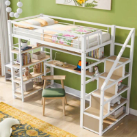 Twin Size Metal Loft bed with Staircase,Built-in Storage Shelves,Bedroom practical single bed for children,and bunk bed for teen