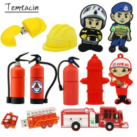 Cartoon Fireman Extinguisher Pendrive Fire Truck 128GB Pen Drive 256G USB Flash Drive 16GB 32GB 64GB Memories Cle USB Stick Disk