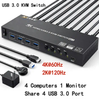 USB 3.0 KVM Switch HDMI 4 Port Support 4K@60Hz Simulation EDID,HDMI USB Switch for 4 Computers Share 1 Monitor 4 USB 3.0 Port