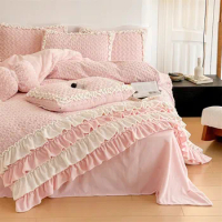 Winter Soft Faux Rabbit Hair Fluffy Bedding Set Sweet Princess ruffle edge Pink White Duvet Cover flat/Fitted Sheet Pillow shams