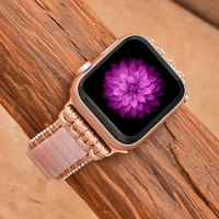 Healing Natural Stones Apple Watch Band Handmade Knit Boho Soothing Pink Opal Apple Watch Strap Drop-shipping