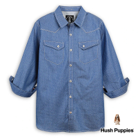 【Hush Puppies】男裝 襯衫 簡約點點緹花五分袖牛仔襯衫(中藍 / 43112105)