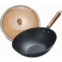 Iron Wok,12" Lightweight Woks and Stir Fry Pans with Lid,Wooden Handle Carbon Steel Wok No Chemical Coated Flat Bottom Wok