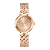 【GUESS】玫瑰金色系 晶鑽簡約錶盤 絎縫造型不鏽鋼錶帶 手錶 女錶 母親節(GW0613L3)