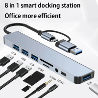 ตัวแยกฮับ USB/Type-C, 8 in 2, พร้อมเครื่องอ่านการ์ด, แท่นวาง USB C, รองรับ USB 3.0/2.0, เครื่องอ่านก