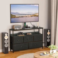 Console Sofa Table with Power Outlet, Long 45" TV Stand with 5 Drawers, Entertainment Center with Storage for 55'' TV Cabinet