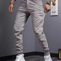 Men's Cotton Gray Cargo Pants Autumn Tactical Casual Stretch Slim Fit Trousers