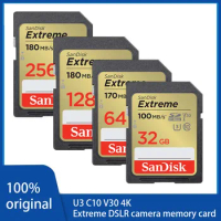SanDisk 32GB 64GB 128GB 256GB Memory Card Extreme SD Card 4K UHD SDHC SDXC C10 U3 V30 up to 180M/s For 1080p 3D Full HD Camera