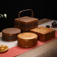 復古竹編提籃單層雙層食盒竹編茶具收納籃收納盒帶蓋提盒