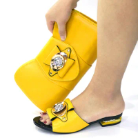 Yellow African Women Shoes And Bag Set African Ladies Lower Heels Summer Slippers Match With Handbag Pantoufle Femme CR528 2cm