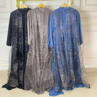 Gamis Organza Motif Elegan dengan Pilihan Warna Hitam Abu-abu dan Biru Tua untuk Tampilan Mewah