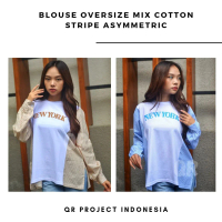 Kaos Blouse Oversize Atasan Wanita Cotton Combed 20s Mix Cotton Stripe Asimetris With Slit