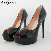 Sorbern Black Patent Open Toe Women Pump Shoes Plus Size EU48 High Heel Stilettos Slip On Party Shoes Sissy Boy Custom Colors
