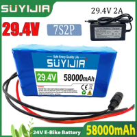 Original 24 Volt Battery 25.2V 58000mAh 7S2P 18650 Lithium Battery Pack 24V W/ Smart BMS for Electric Bicycle Moped + 2A Charger