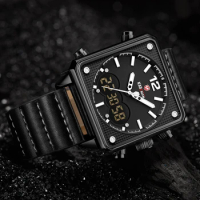 KADEMAN Black Leather Watches Men's Quartz Business Waterproof Digital Multifunction Dual Display Watch Male Sport Wristwatches