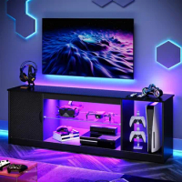 LED TV Stand for 55-65 in TV, Gaming Entertainment Center with Cabinet for PS5, Modern TV Cabinet with Adjustable Glass Shelves