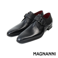 【MAGNANNI】半壓紋橫飾單扣孟克鞋 黑色(23491-BL)
