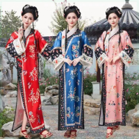 Qing Dynasty Hanfu Woman Robe Vintage Flower Pattern Printing Chinese Style Cheongsam Palace Gown Qipao Dress Stage Performance
