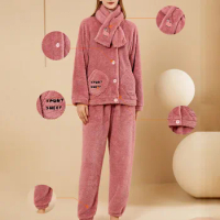 Soft Comfortable Flannel Pajama Set For Women Men Coral Fleece Sleepwear Winter Thickened Sleepwear Set Warm Homewear 수면잠옷