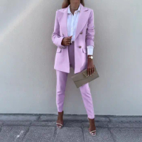 Pant Suits for Women Fall Winter 2023 Office Ladies Korean Fashion Double Breasted Formal Blazer Trousers 2 Piece Set