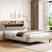 Modern upholstered platform bed with storage headboard and USB ports, wooden bed frame, no box springs required, grey