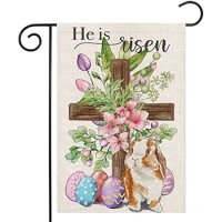 Easter Cross Garden Flag for Outdoor He Is Risen Religious Cross with Bunny Eggs Flowers Yard Flag Spring Decors for Outside