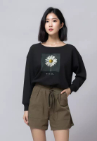 Third Day LTG10 Kaos Wanita Gambar Bunga Lengan Panjang Adem LV "daisy katakana" hitam