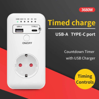 Timer Stop Kontak Colokan Listrik Digital Otomatis Switch Off Charge USB Type C EU Socket 16A 230V