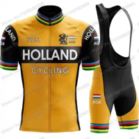 Vintage Holland Team Cycling Jersey Set Dutch Retro Cycling Clothing Men Road Bike Shirt Suit Bicycle Bib Shorts Fietskleding