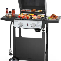 2 Burner BBQ Propane Gas Grill 20000 BTU Stainless steel Gas Grill with Two Side Storage Shelves Barbecue Gas Grill