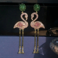 Bông tai Flamingo 2021 Kiểu Mới Độc Đáo, Bông tai hình Flamingo đỏ đính kim cương lấp lánh, Bông tai