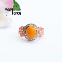 Natural Honey Wax Full of Chicken Oil Yellow Amber Ring Set Simple Generous Personality Retro Fashion Charm Women Couple Jewelry