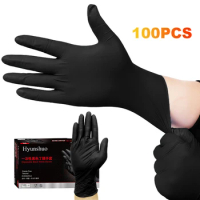 100PCS Working Tattoo Gloves Latex Free Disposable Black Nitrile Gloves Dishwashing Gloves Rubber for Garden Hair Dyeing Tattoos