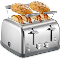 Toaster 4 Slice, Extra Wide Slots, Stainless Steel, Bagel and Muffin Function, Removal Crumb Tray, 7-Shade Settings