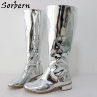Sorbern Silver Metallic Knee High Boots Women Hoof Heels Low Heeled Round Toe Unisex Style Dance Boot Shoes Size Up To Eu48