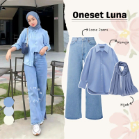 Luna Outfit Set 3in1 Remaja Simple Basic ( Bawahan Celana Kulot Loose Jeans Denim + Atasan Outer Kem