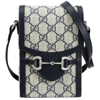 【GUCCI 古馳】Horsebit 1955 品牌經典馬蹄LOGO拼接手機包斜背包(深藍)
