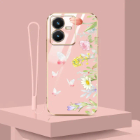 เคสโทรศัพท์สำหรับ Vivo Y22 Y22S เคสสไตล์ INS ลายดอกไม้ผีเสื้อพร้อมเชือกเส้นเล็กฟรี ชุบด้วยไฟฟ้าสุดหร