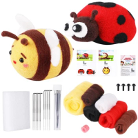 Wool Needle Felting Set (Ladybug, Bee), With Instruction, Felting Foam Mat, Wool Felting Supplies