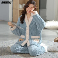 New Pajamas Set for Women Flannel Sleepwear for Lady Solid Winter Sleepwear Blue V-neck Bear Full Length Pajama Sets for Woman