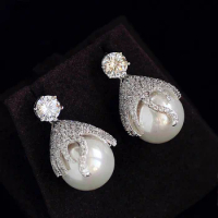Fashion High Quality Flower Bud Shape Big Simulated Pearl Earrings AAA+Cubic Zirconia Stone Women Jewelry